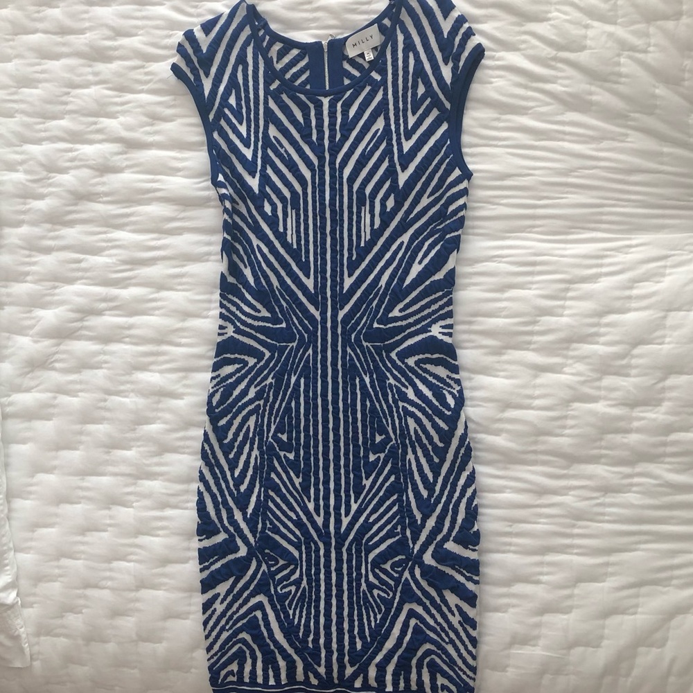 Milly blue & white geometric bodycon knit dress